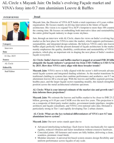 AL Circle x Mayank Jain: On India’s evolving Façade market and VIVA’s foray into 0.7 mm Aluminium Louvers & Baffles